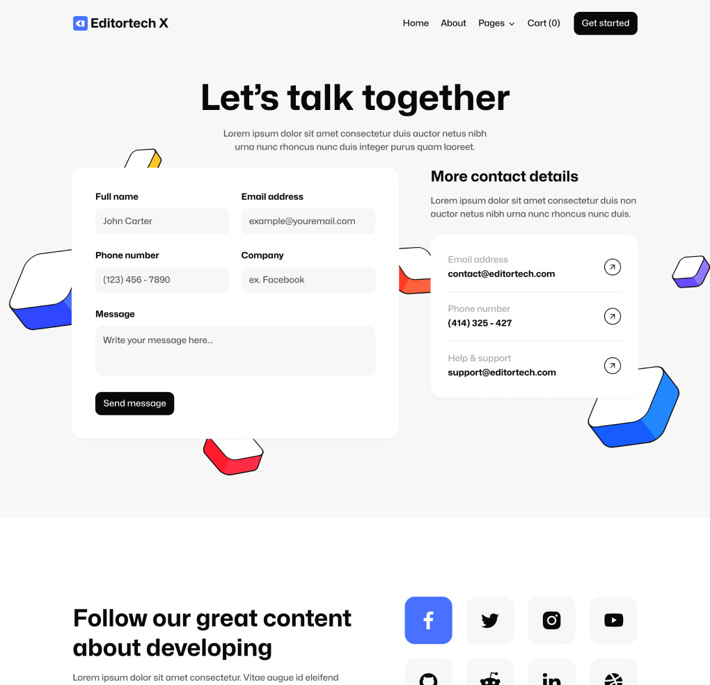 Editortech X - Contact V1 Page - Tech App Webflow Template