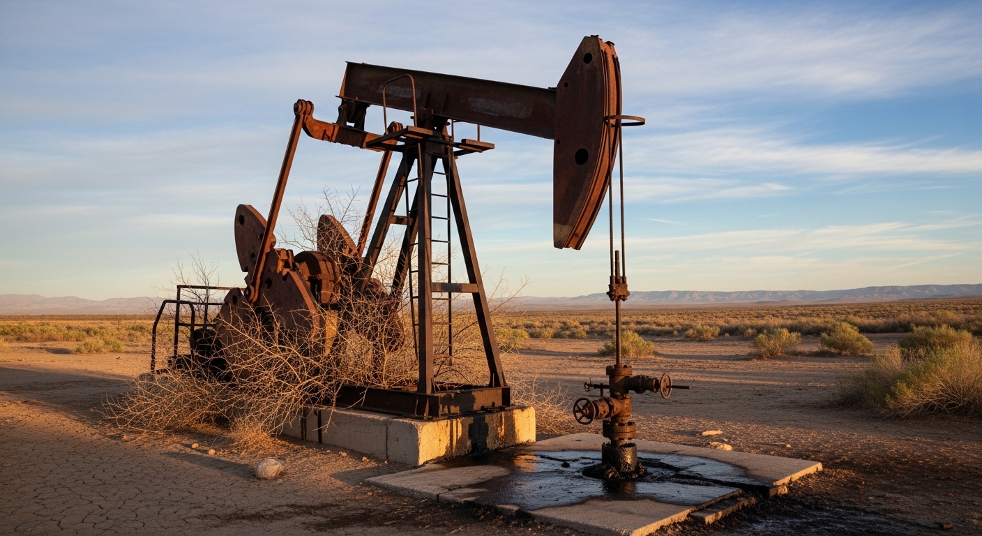 Abandoned orphan oil well pumpjack in a dry landscape, illustrating well abandonment and liability in Western Canada