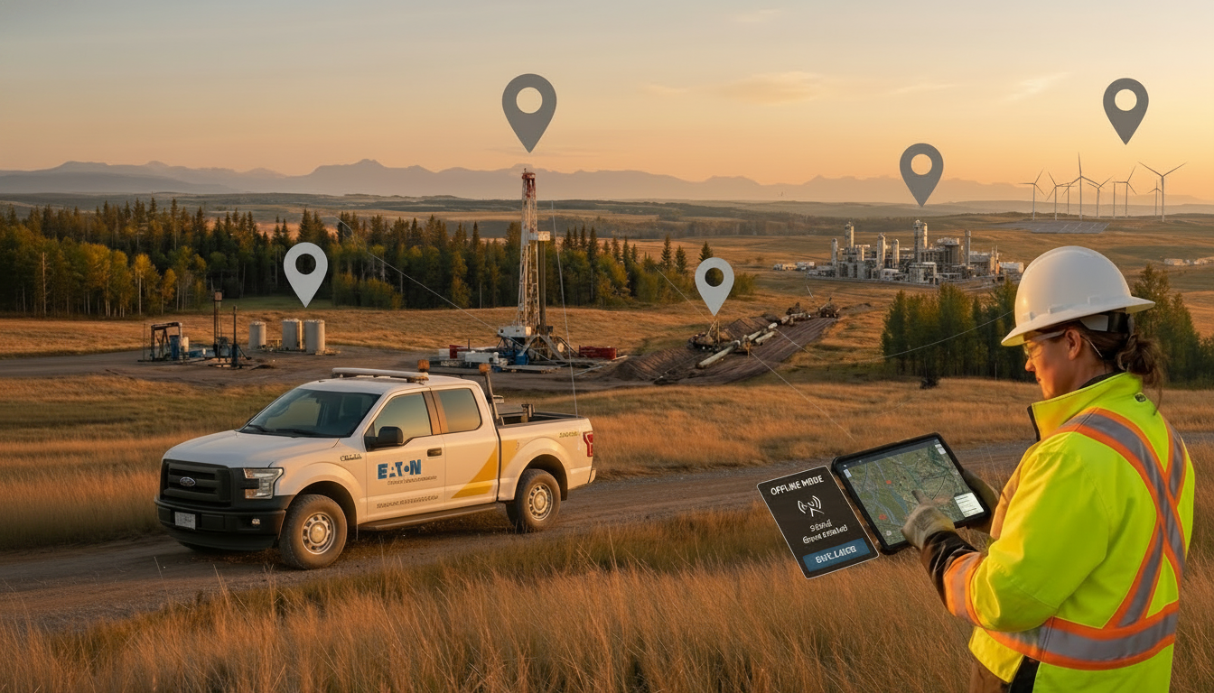Field operations worker reviewing a GIS map on a tablet at a multi site oil and gas location in Western Canada, illustrating 2026 field operations trends including offline mobile and location intelligence