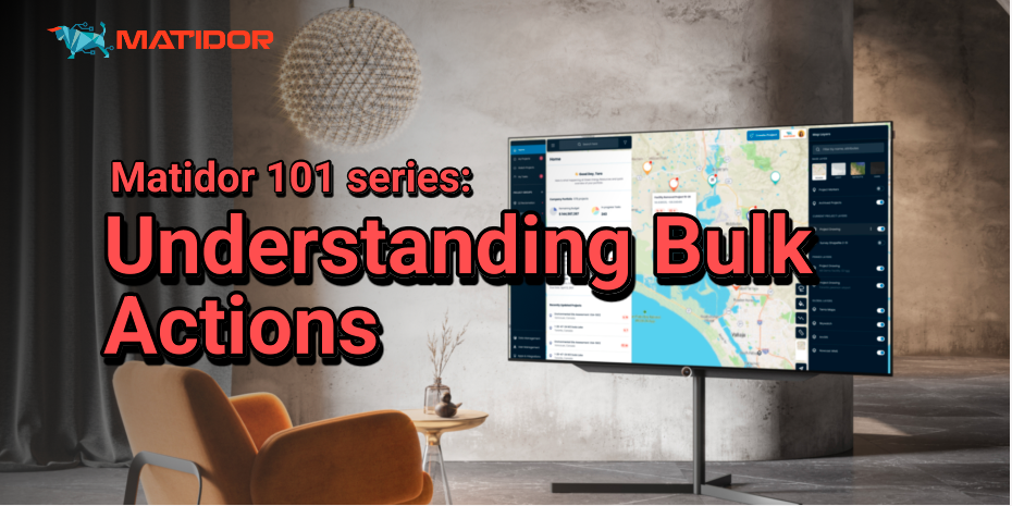 Matidor 101 series thumbnail showing a large monitor with the Matidor map interface and bold title text “Understanding Bulk Actions”.