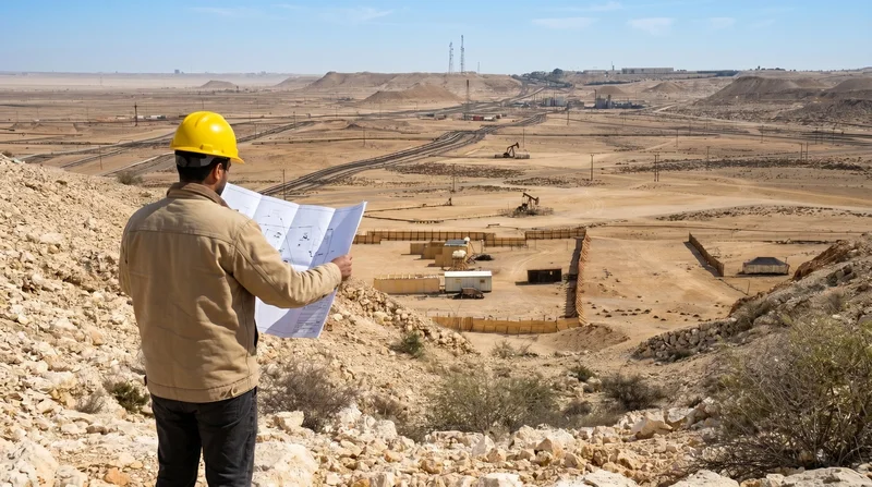 Oil and gas field engineer wearing a hard hat reviewing site plans while overlooking remote desert production facilities and pipelines