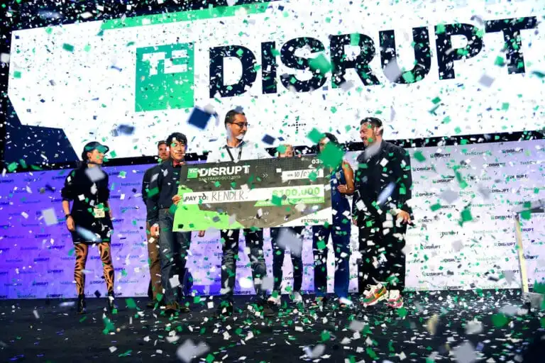 Startup Battlefield finalists on the TechCrunch Disrupt 2020 stage celebrating with confetti, representing Matidor as runner up for its GIS native project collaboration platform