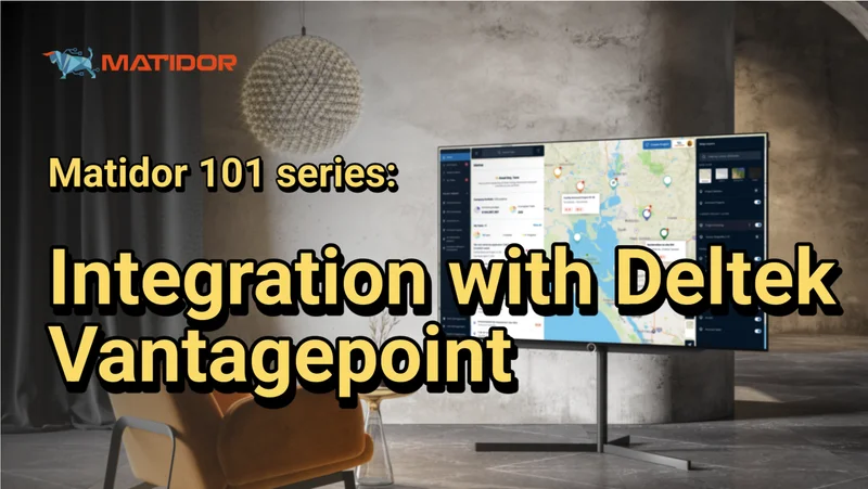 Matidor integration settings screen showing Deltek Vantagepoint connection status and budget import options for automated project budget sync
