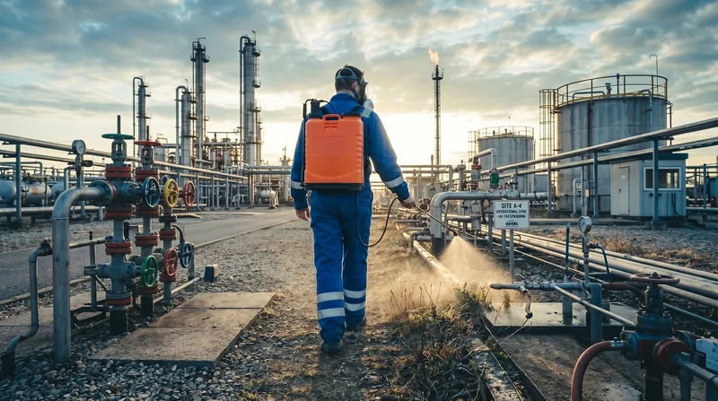 Field worker applying herbicide to vegetation at an oil and gas facility with refinery and storage tanks in background