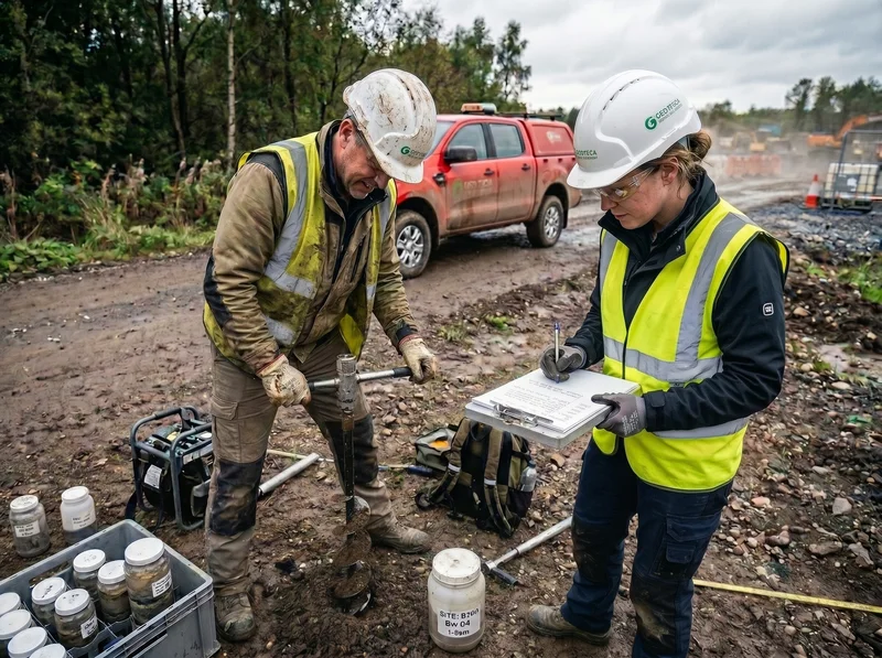 Two field workers in hi-vis vests and hard hats conducting a site inspection and documentation at an active field site with a truck and excavation equipment in the background
