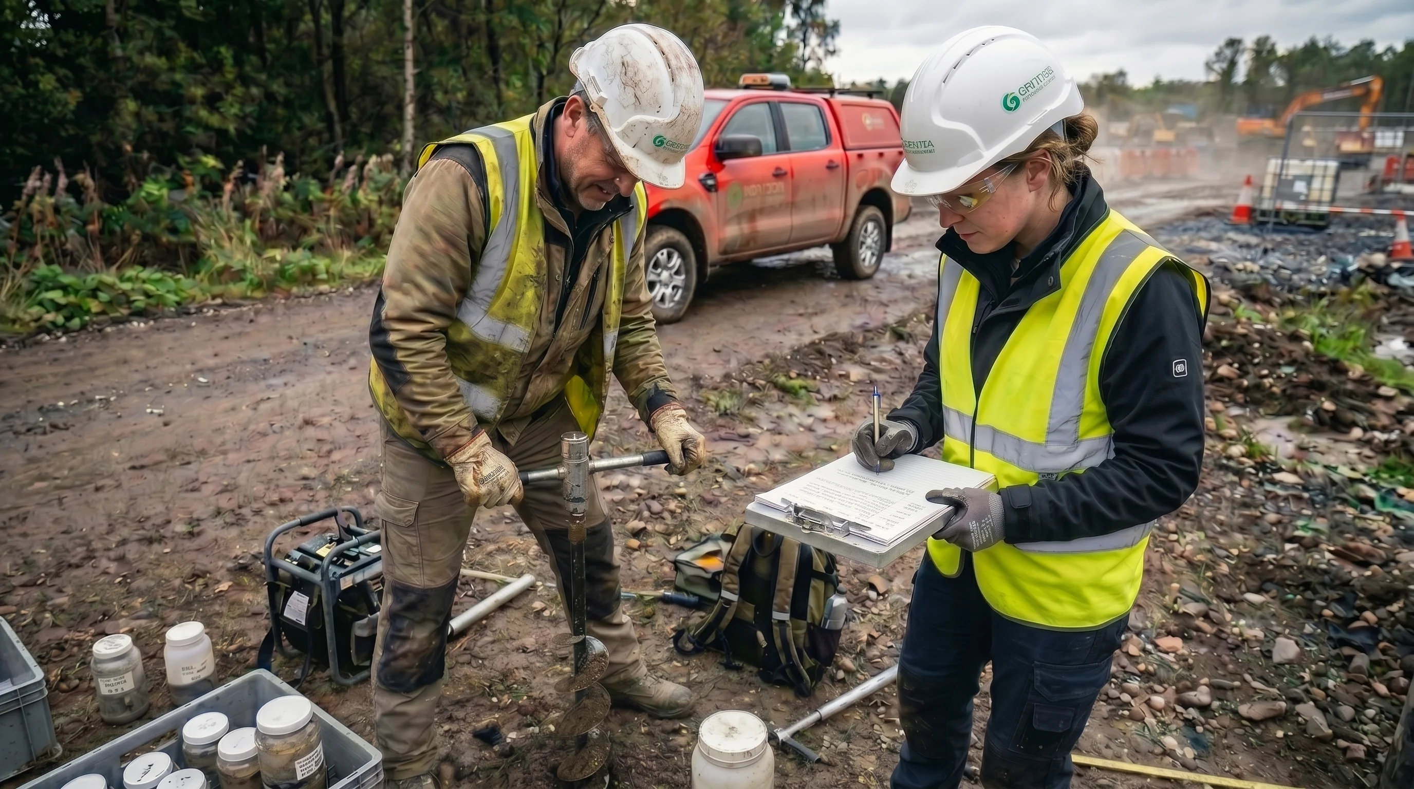 Two field workers in hi-vis vests and hard hats conducting a site inspection and documentation at an active field site with a truck and excavation equipment in the background