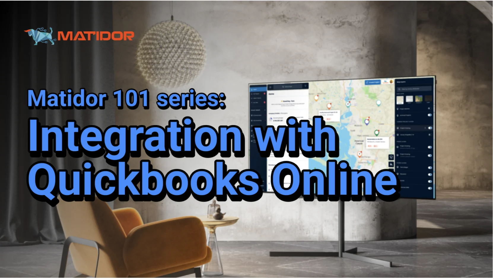 Matidor tutorial thumbnail showing Quickbooks Online integration setup with project dashboard and map visualization displayed