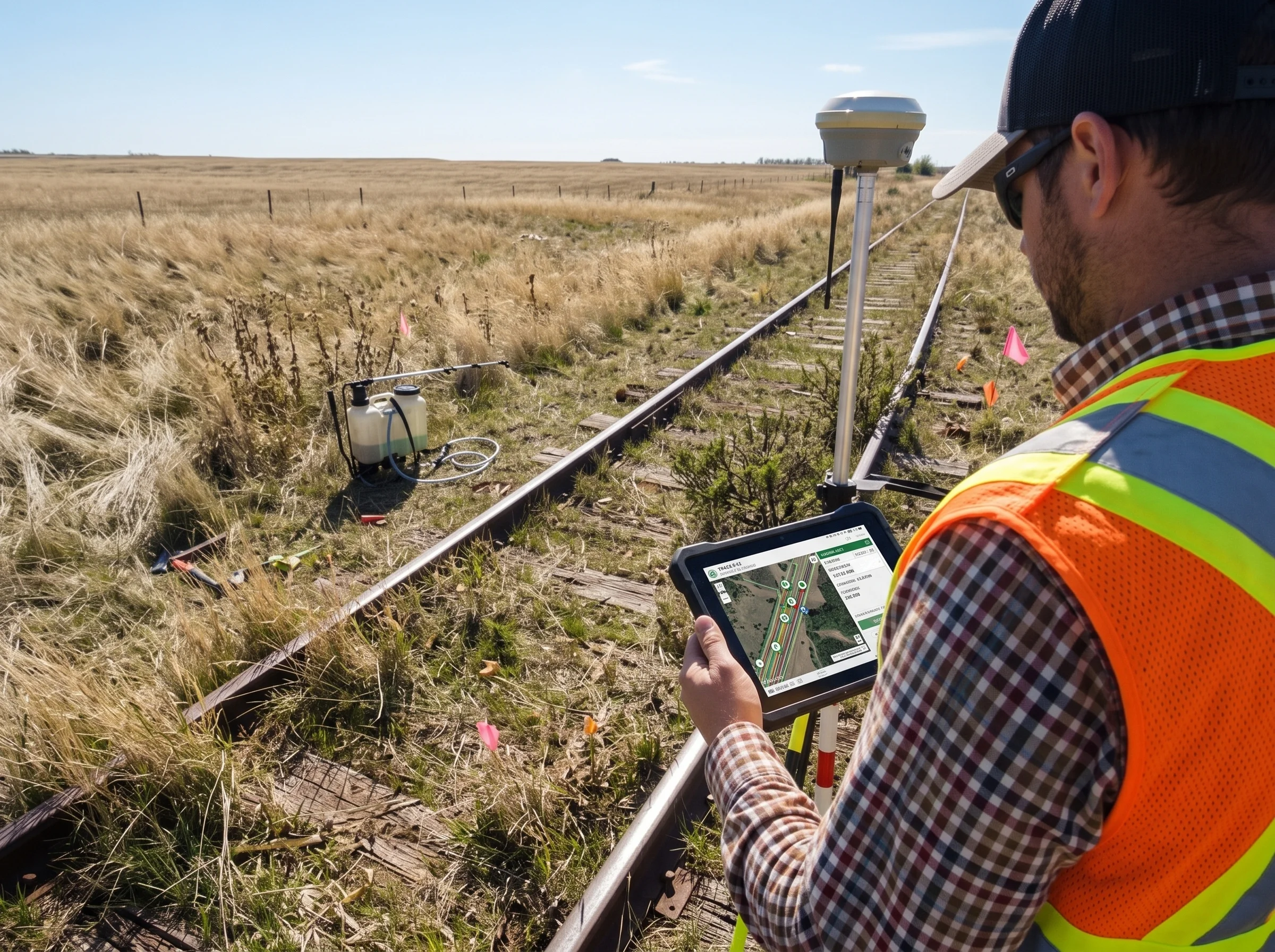 Field technician reviewing GIS site map on tablet during remote field inspection with GPS survey equipment