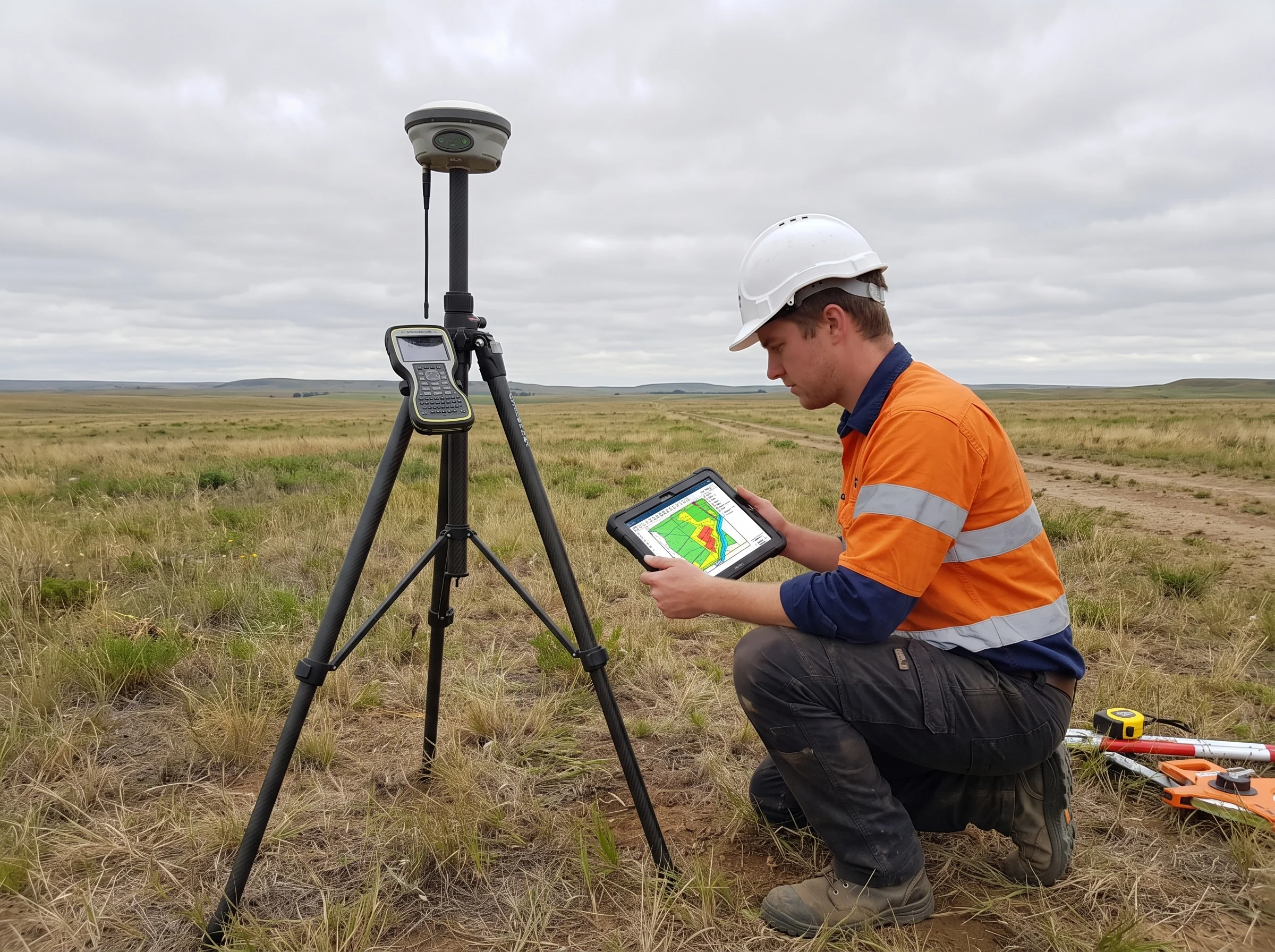 Environmental field technician reviewing GIS site map on tablet beside GPS survey equipment on open prairie terrain
