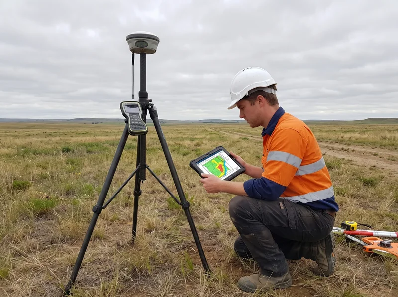 Environmental field technician reviewing GIS site map on tablet beside GPS survey equipment on open prairie terrain