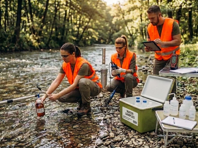 Environmental field technicians collecting and labeling water samples at a stream while recording chain of custody data on a tablet
