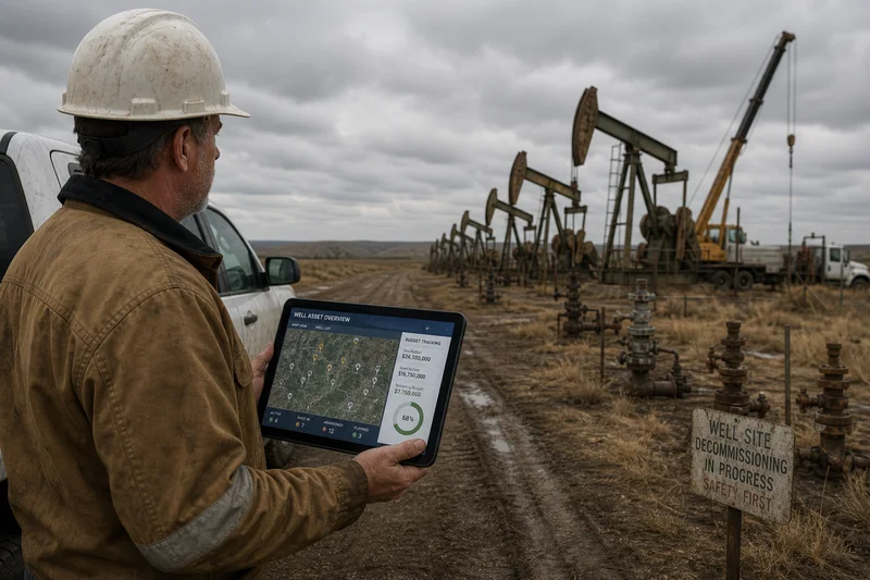 Oil and gas field manager reviewing multi-well abandonment status and budget dashboard on a tablet with dormant wellheads in background