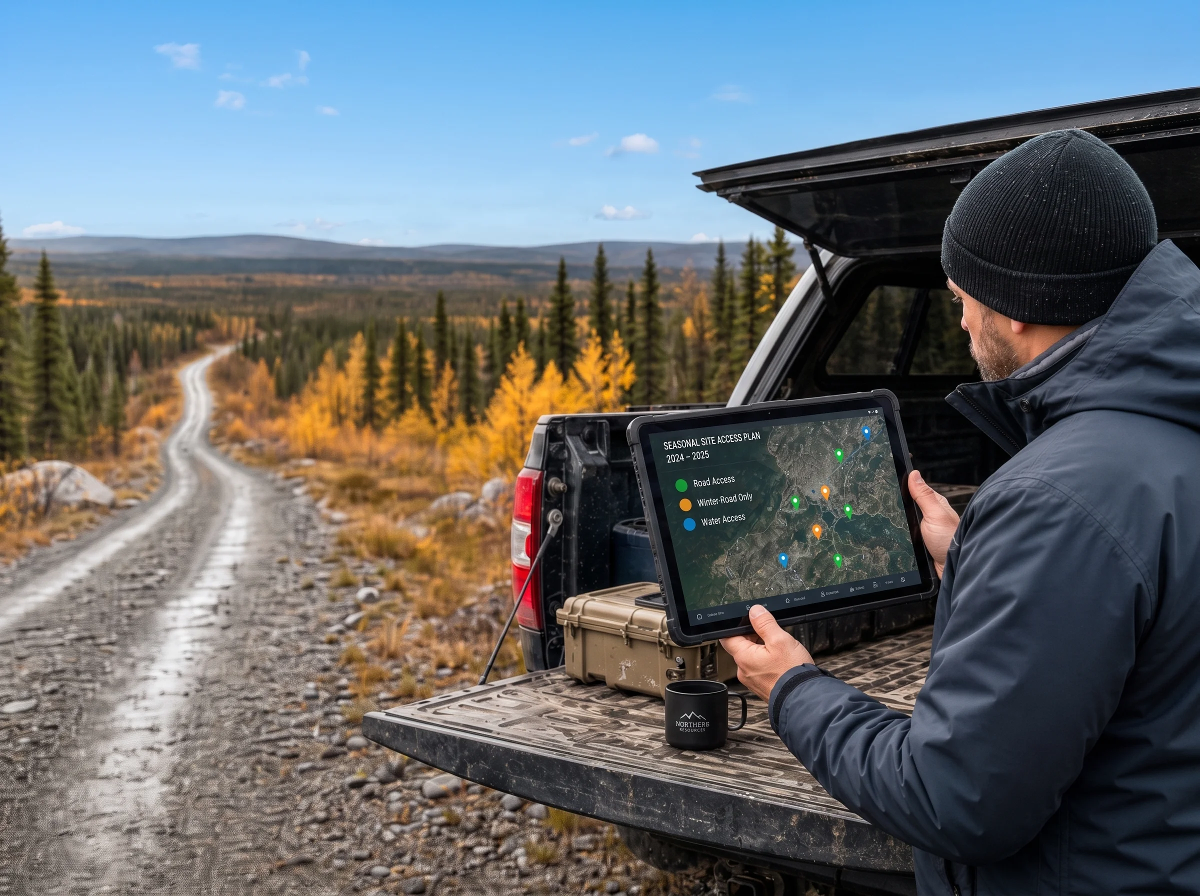 Field operations manager reviewing a seasonal site access map with winter road and open water window indicators on a tablet