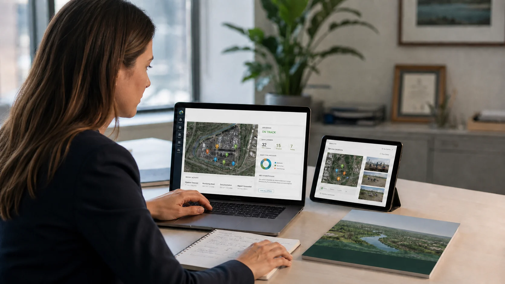 Environmental consulting project manager reviewing a client-ready site report on a laptop with field data syncing from a tablet