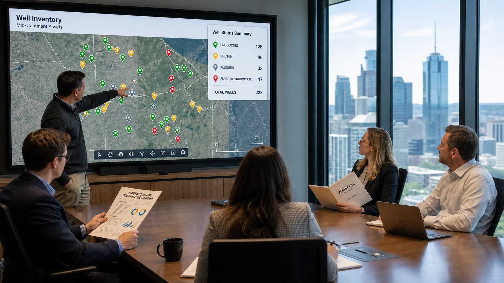 Cross-functional due diligence team reviewing a well status map with color-coded status legend on a conference room screen before an oil and gas acquisition