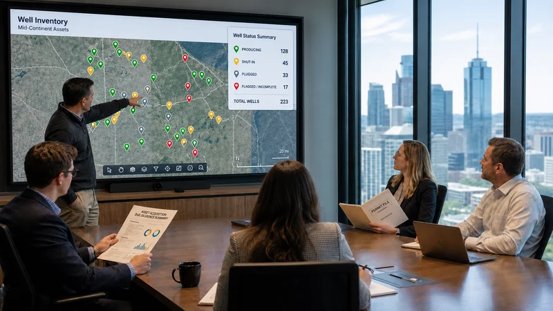 Cross-functional due diligence team reviewing a well status map with color-coded status legend on a conference room screen before an oil and gas acquisition