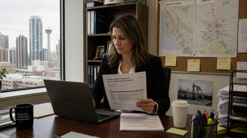 Compliance manager in a Canadian office reviewing regulatory filing deadlines with Alberta and BC site notes pinned to a corkboard