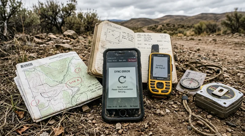 Field data collection app showing a sync error on a rugged phone at a remote survey site, next to a topographic map, compass, and handwritten GPS field notes