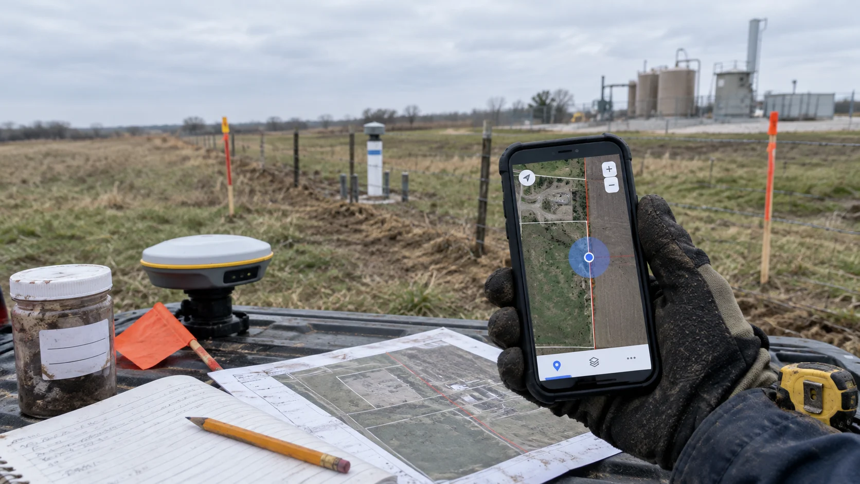 Field technician checking GPS accuracy near a property boundary while documenting an environmental soil sample.