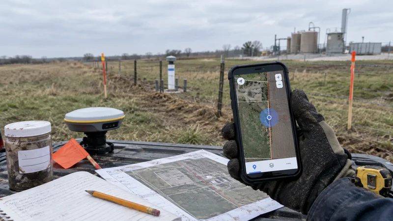 Field technician checking GPS accuracy near a property boundary while documenting an environmental soil sample.