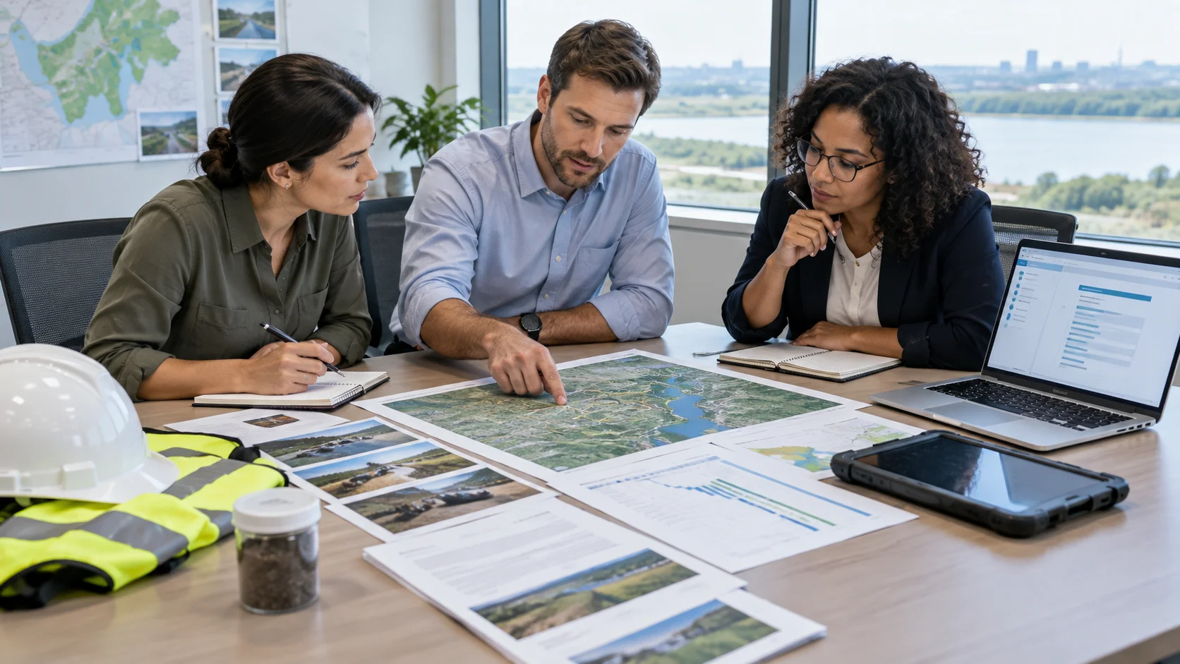 Environmental consulting team reviewing an RFP, site map, project schedule and field documentation.