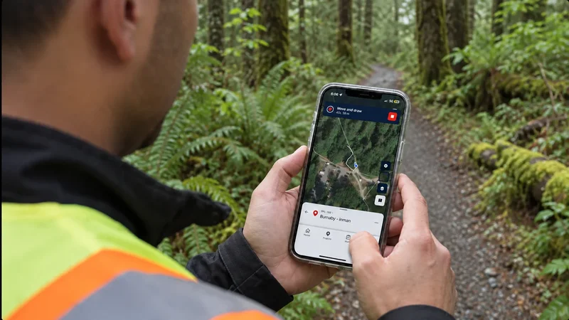 Environmental field technician using Matidor Go Path Recording to capture a GPS route through a forest.