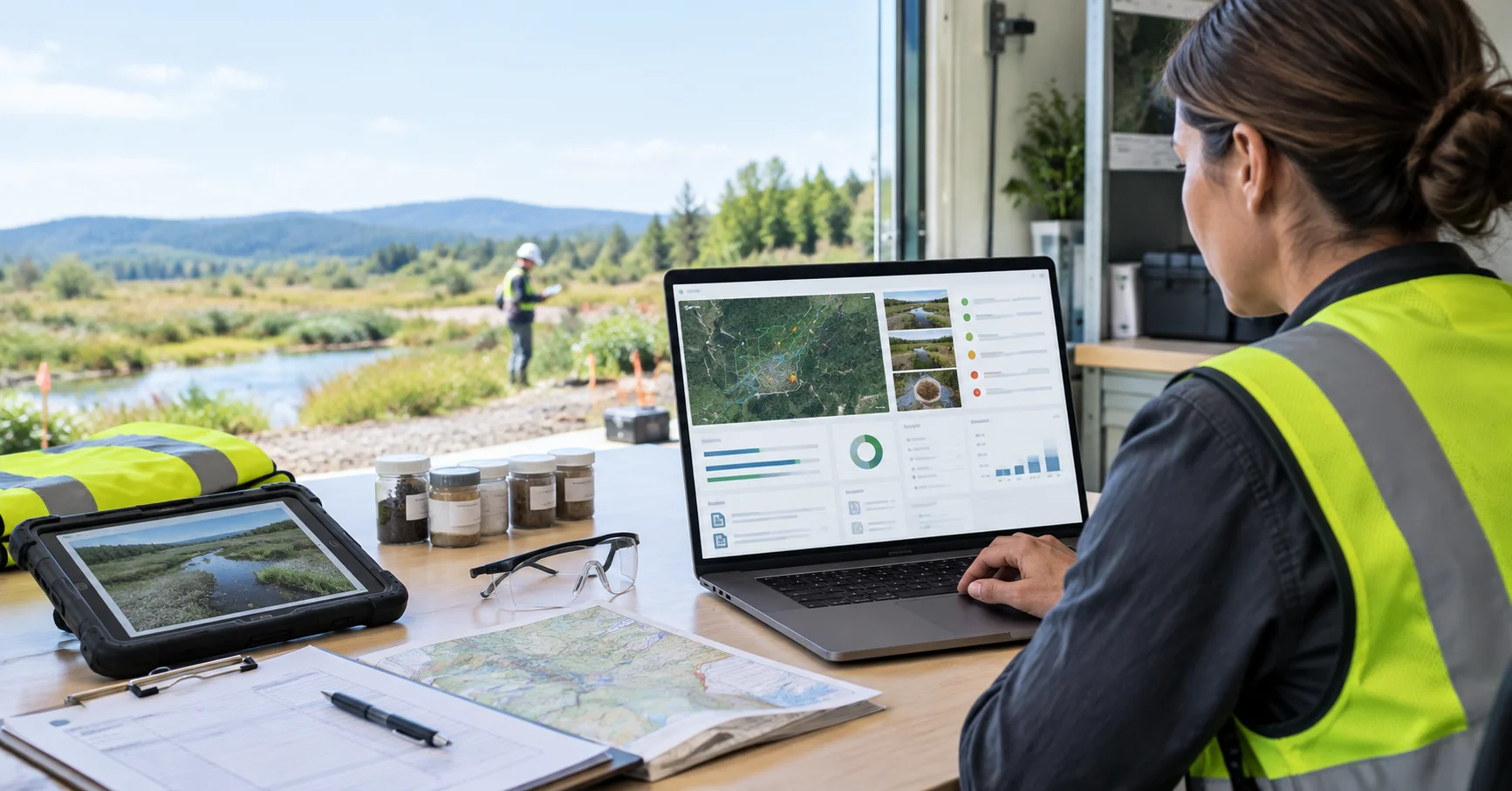 Environmental project manager reviewing connected field evidence, project status, and budget information before preparing a final report.