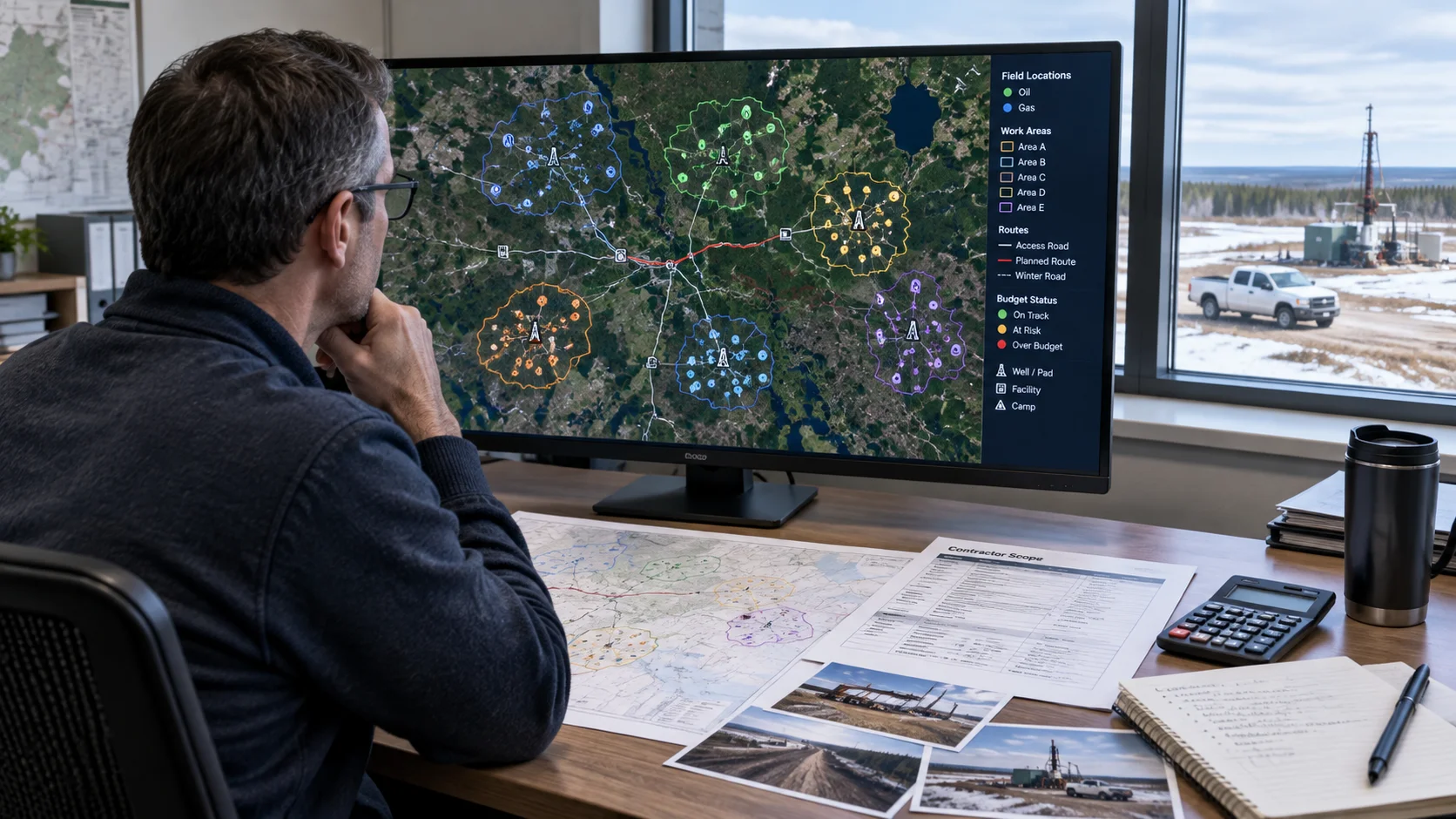 Oil and gas program manager reviewing mapped field locations, contractor scopes, and 2027 budget plans.