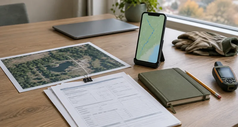 Upright phone showing a route map beside field paperwork, a printed site map, notebook and handheld GPS.