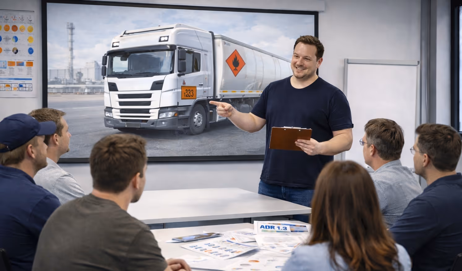 ADR 1.3 Unterweisung im Seminarraum: Dozent schult Teilnehmer zur Gefahrgutbeförderung; auf der Leinwand ein Gefahrguttransporter im Straßenverkehr.