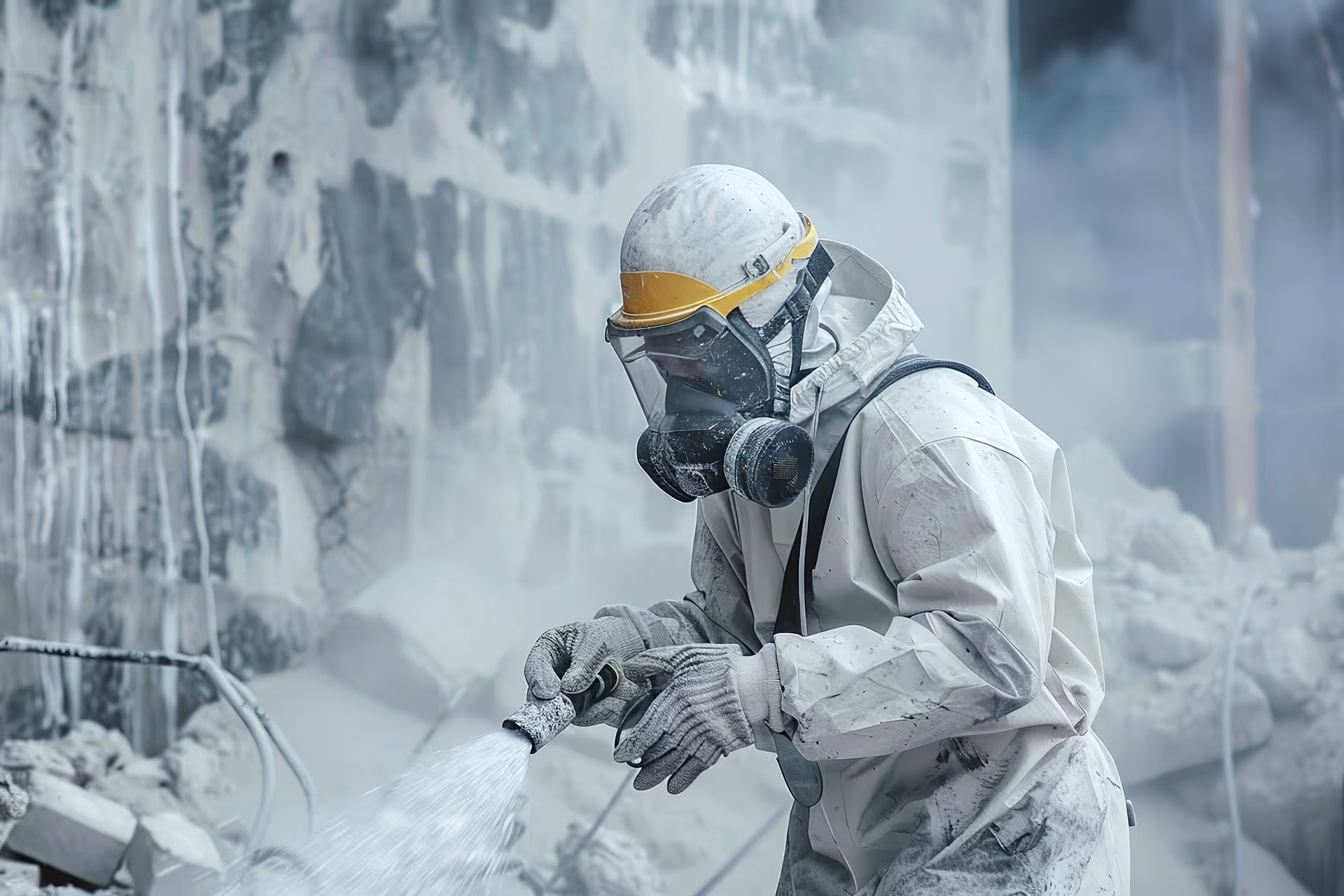 Arbeiter in Schutzanzug und Atemmaske bei staubigen Sanierungsarbeiten