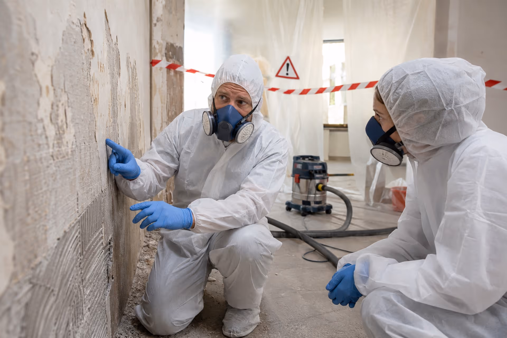 Zwei Personen in weißer Schutzkleidung und mit Atemschutzmasken begutachten eine Wand in einem abgesicherten Innenraum während einer Schulung zu Asbestarbeiten im Bestand.