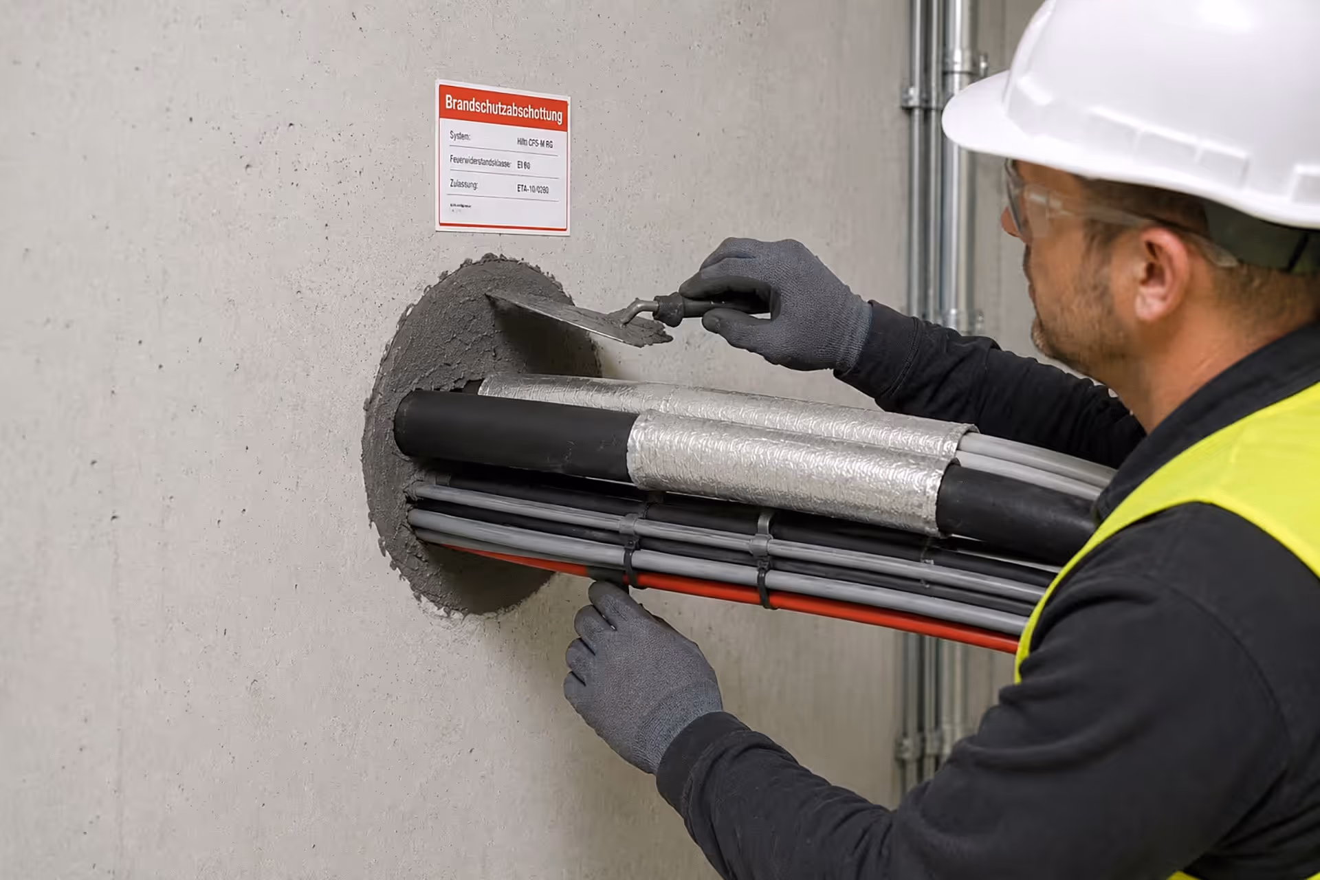 Ein Monteur mit Schutzhelm und Handschuhen verschließt eine direkte Wanddurchführung für Kabel und Rohre mit Brandschutzmörtel. Das Bild zeigt den fachgerechten Einbau einer Brandabschottung in einem technischen Gebäude- oder Installationsbereich.