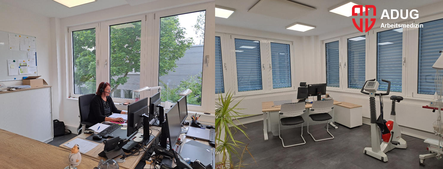 Das Bild zeigt zwei Ansichten der neuen Praxisräume der ADUG Arbeitsmedizin. Links ist ein heller Büro- und Empfangsbereich mit großen Fenstern, mehreren Monitoren und einer Mitarbeiterin am Arbeitsplatz zu sehen. Rechts ist ein modern eingerichteter Untersuchungs- und Beratungsraum mit Stühlen, Schreibtisch, medizinischem Ergometer, großen Fenstern und ADUG Arbeitsmedizin Logo abgebildet. Die Räume wirken hell, sauber, freundlich und funktional gestaltet