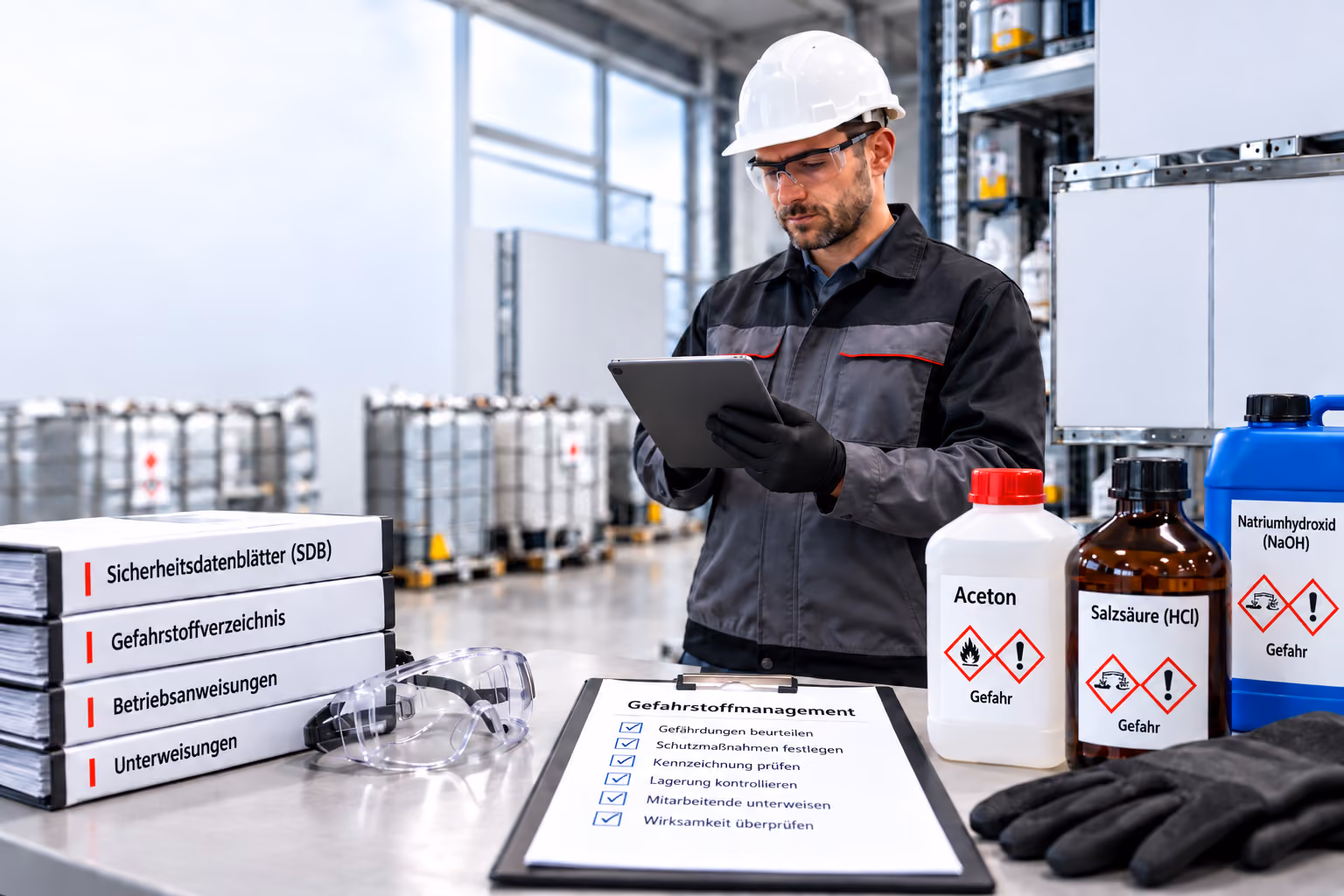 Mitarbeiter mit Schutzhelm, Schutzbrille und Tablet prüft Gefahrstoffe in einem Chemielager. Im Vordergrund liegen Sicherheitsdatenblätter, Gefahrstoffverzeichnis, Betriebsanweisungen, Unterweisungen sowie gekennzeichnete Chemikalienbehälter.