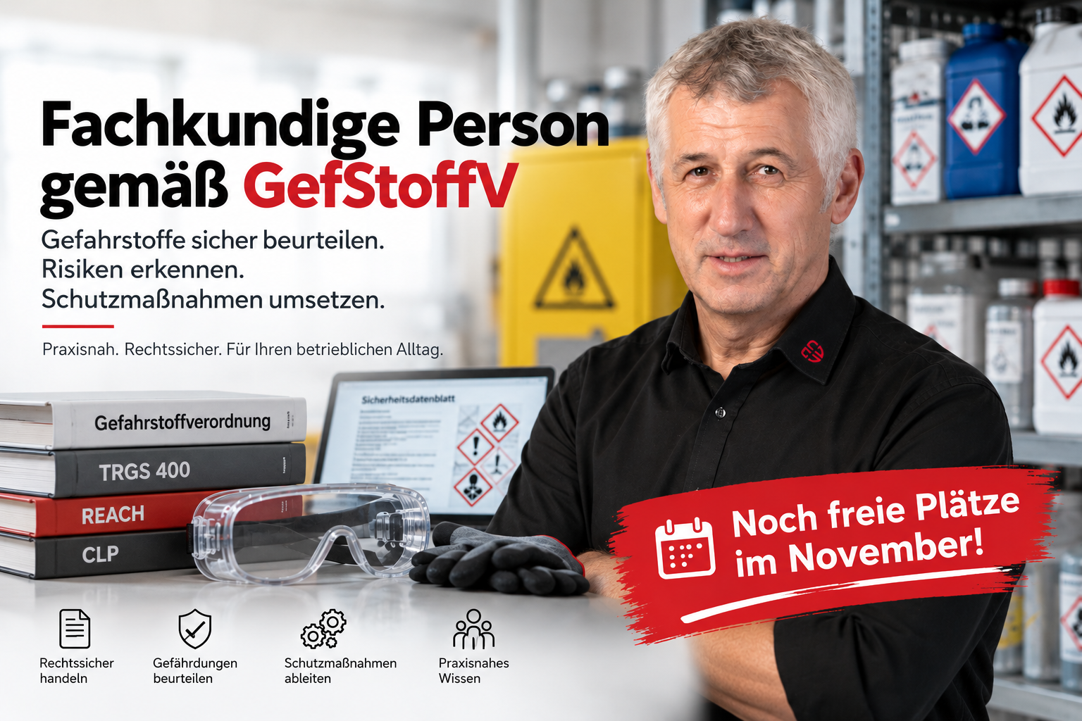 Seminar Fachkundige Person gemäß GefStoffV mit Dozent, Gefahrstoffkennzeichnung, Sicherheitsdatenblatt und persönlicher Schutzausrüstung, noch freie Plätze im Oktober.