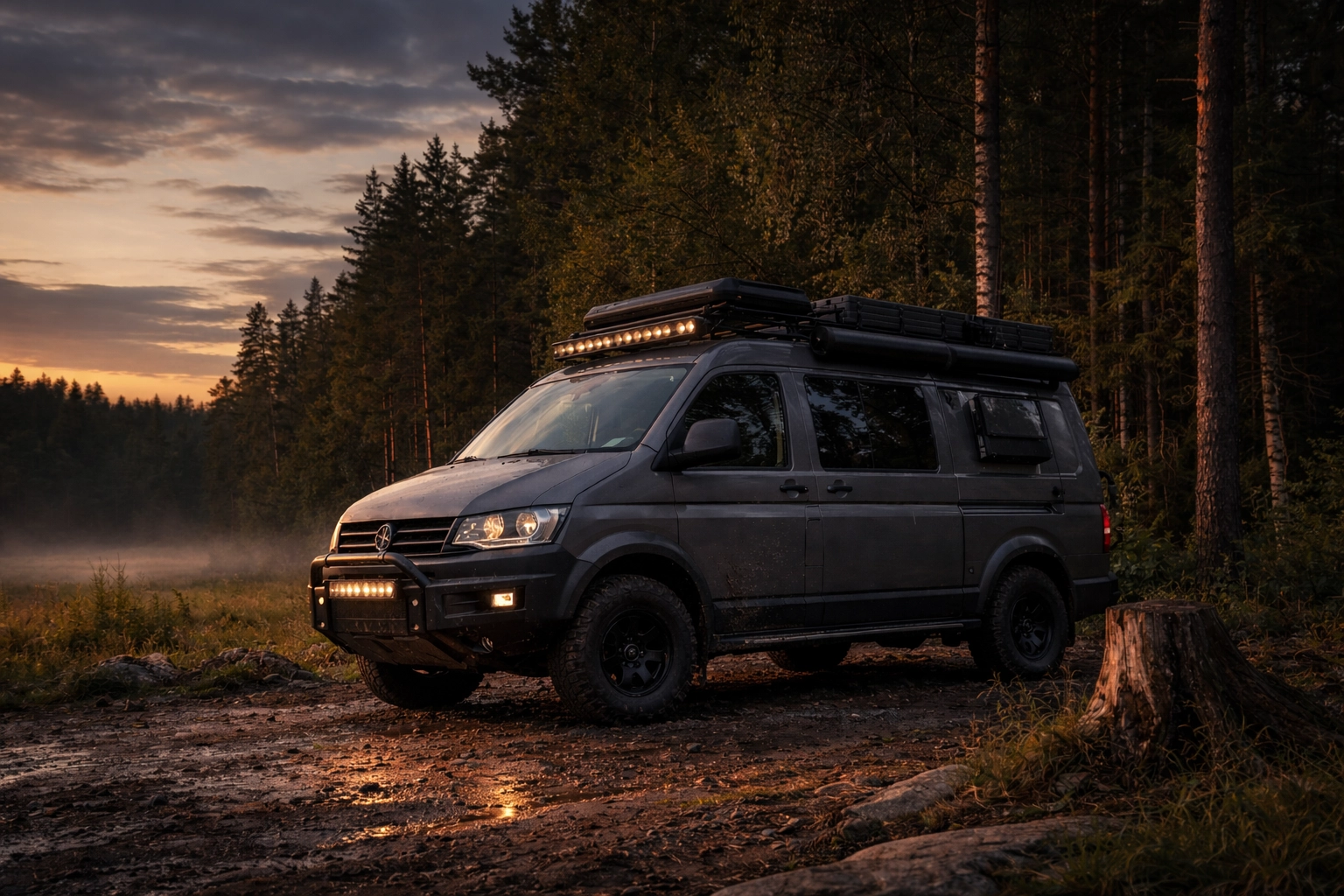 Buscamper met luifel aan bosrand tijdens zonsondergang