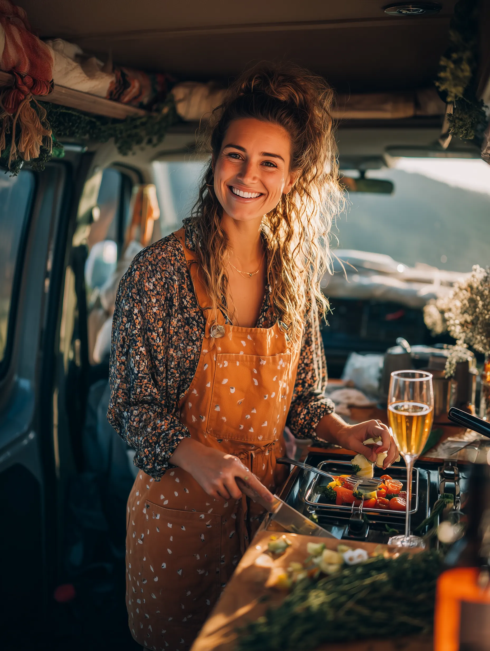 Een reizende vrouw kookt een verse maaltijd in haar camperbus, met aandacht voor eenvoud, vrijheid en het leven onderweg.