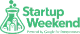 Startup Weekend logo with a green flask containing a city skyline and the text 'Startup Weekend Powered by Google for Entrepreneurs'.