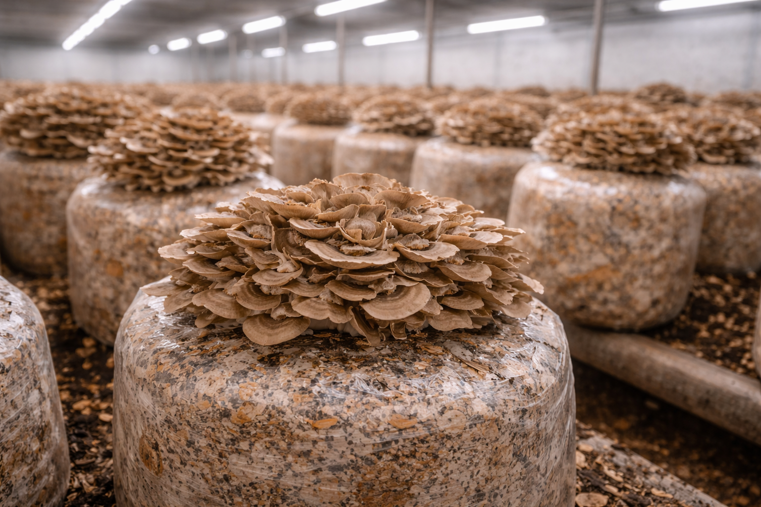 Maitake mushrooms (Grifola frondosa) growing on substrate blocks in an indoor cultivation facility.