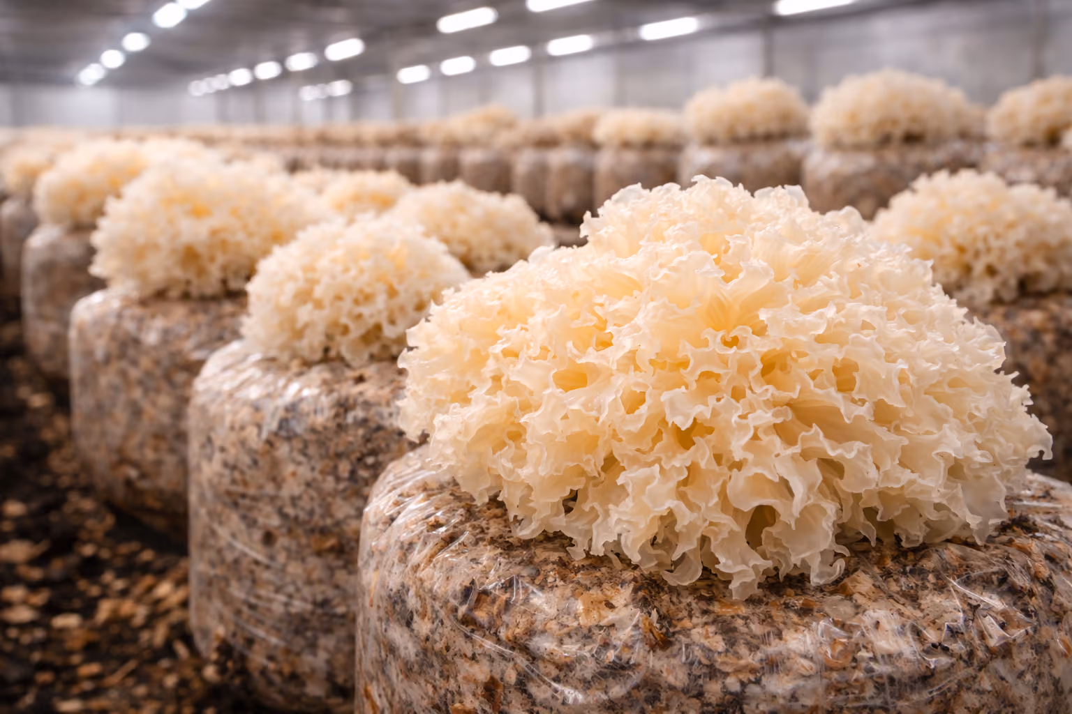 Tremella mushroom (Tremella fuciformis) growing on cultivation substrate.