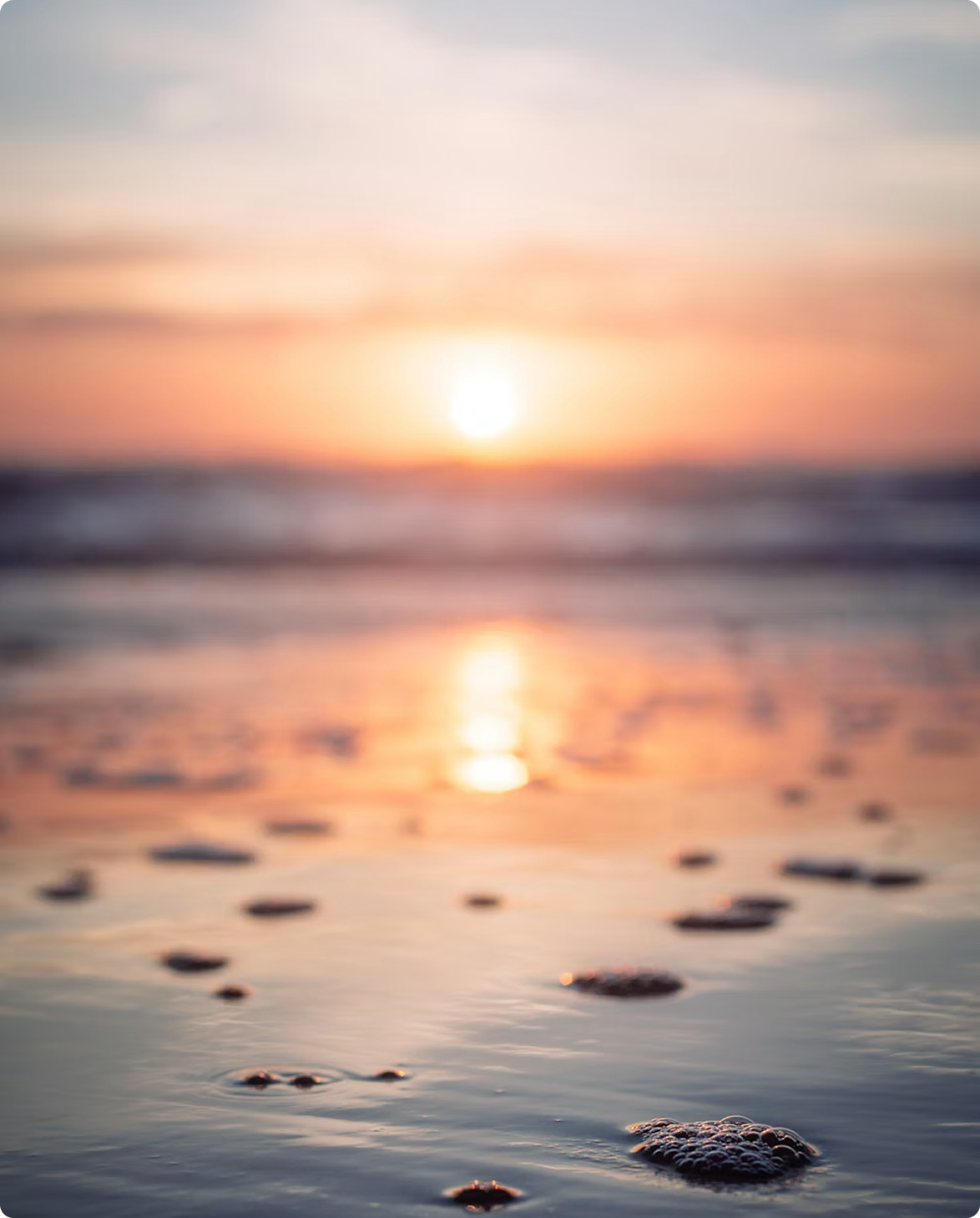 Sun setting over the sea, its orange glow reflected on wet sand dotted with small bubbles.