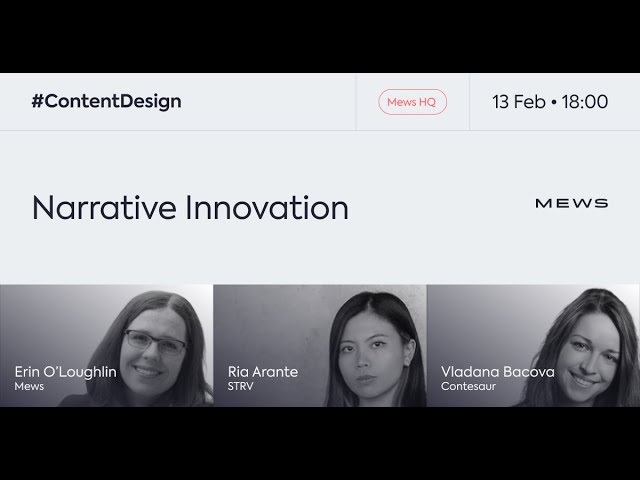 Event banner for Narrative Innovation at Mews HQ on 13 Feb at 18:00 with portraits and names of speakers Erin O’Loughlin from Mews, Ria Arante from STRV, and Vladana Bacova from Contesaur.