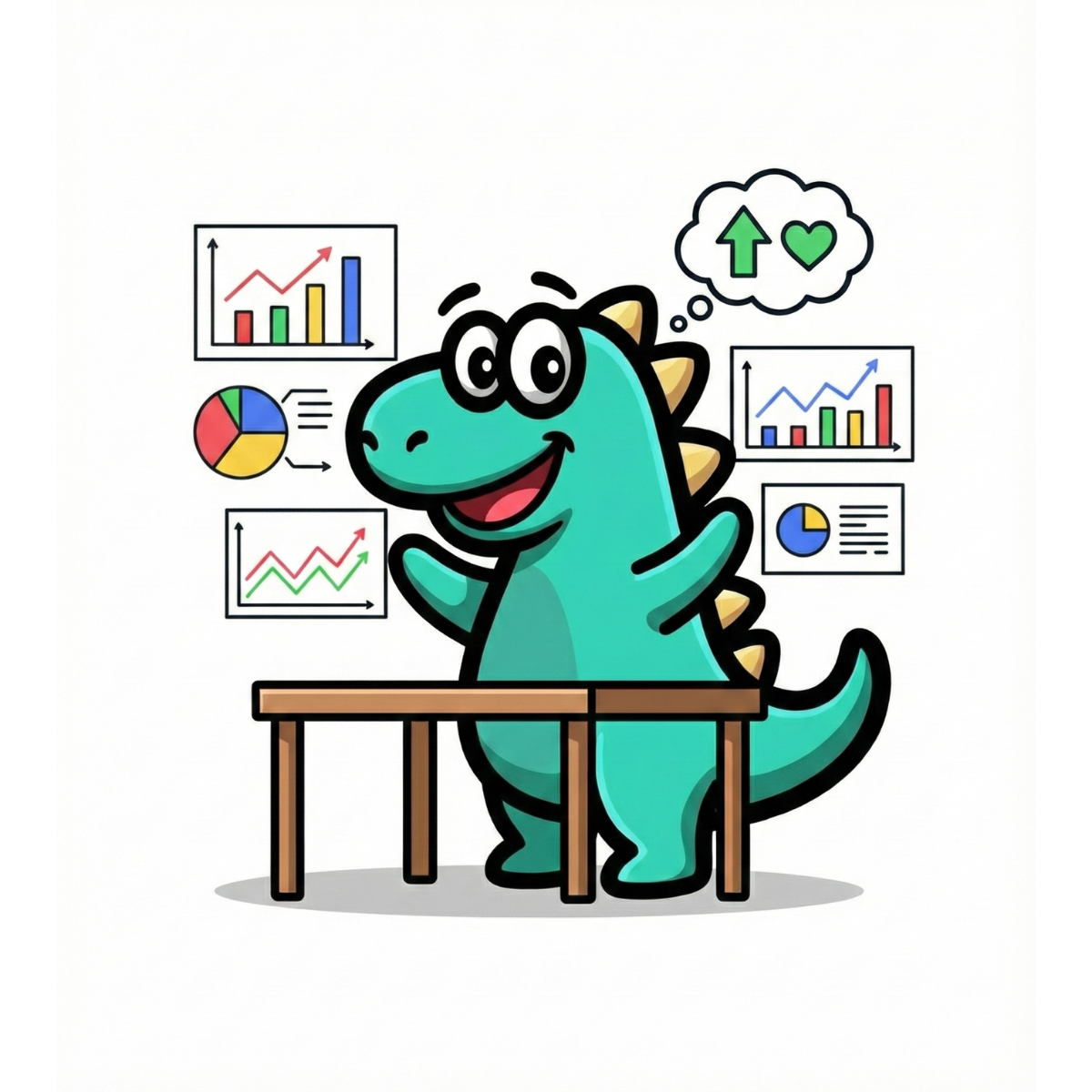 maskot aplikace Contesaur přemýšlí vesele nad grafy