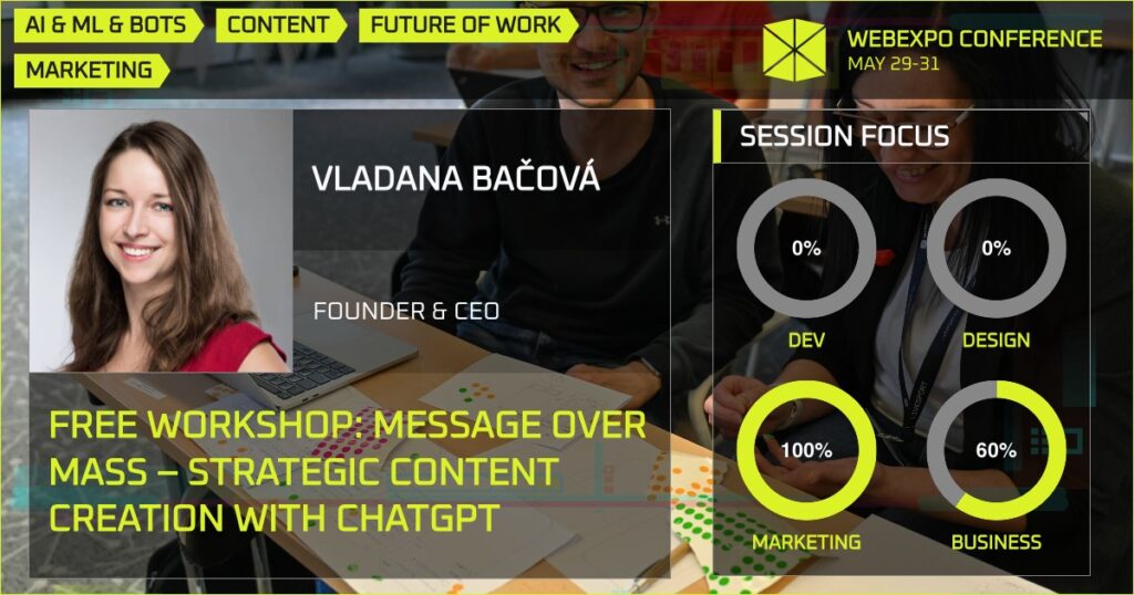 Promotional graphic for WebExpo Conference May 29-31 featuring Vladana Bačová, Founder & CEO, hosting a free workshop on strategic content creation with ChatGPT, with session focus charts showing 100% marketing and 60% business.