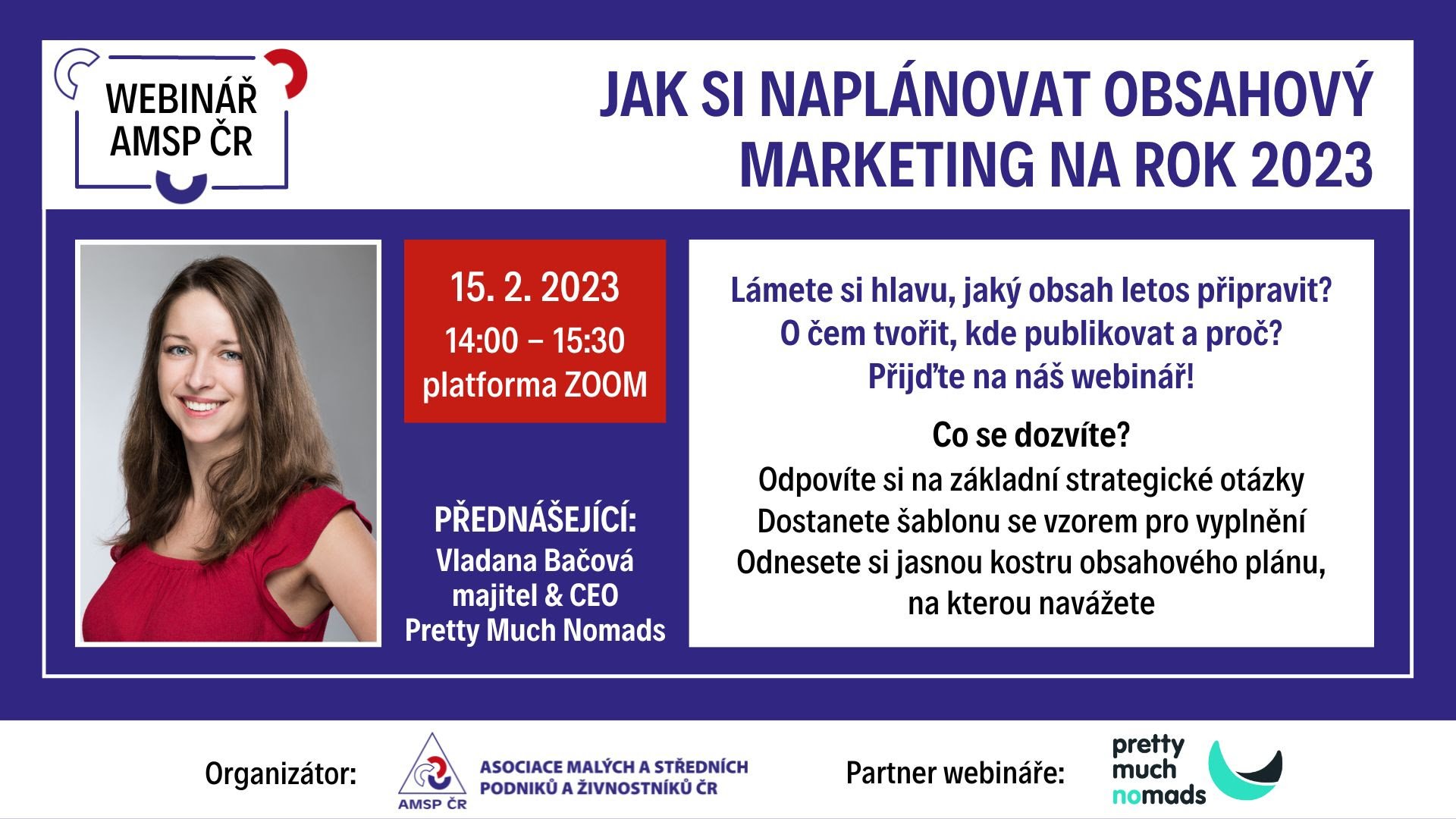 Vladana Bačová vede Webinář Asociace malých a středních podniků a živnostníků ČR na téma Jak si naplánovat obsahový marketing na rok 2023