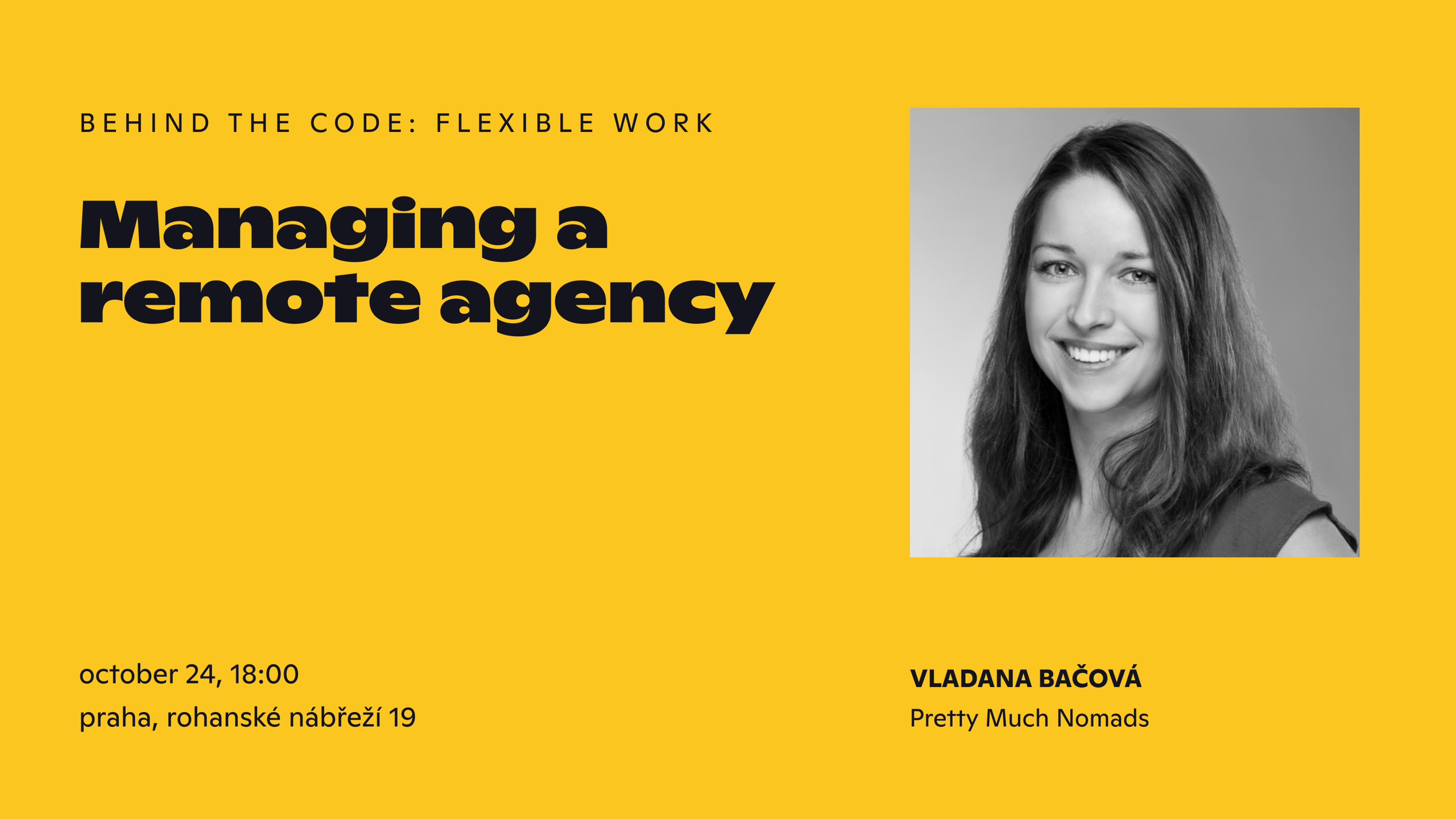 Vladana Bačová přednáší na akci od Appliftingu Behind the Code: Flexible Work na téma Managing a remote agency