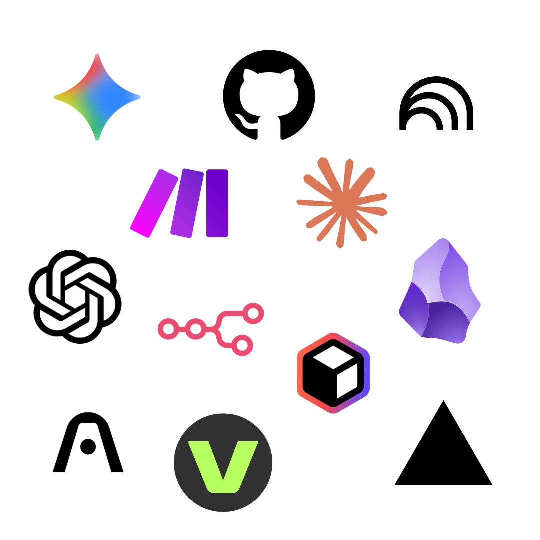 Twelve colorful tech and AI related icons arranged in a circular pattern on a white background.