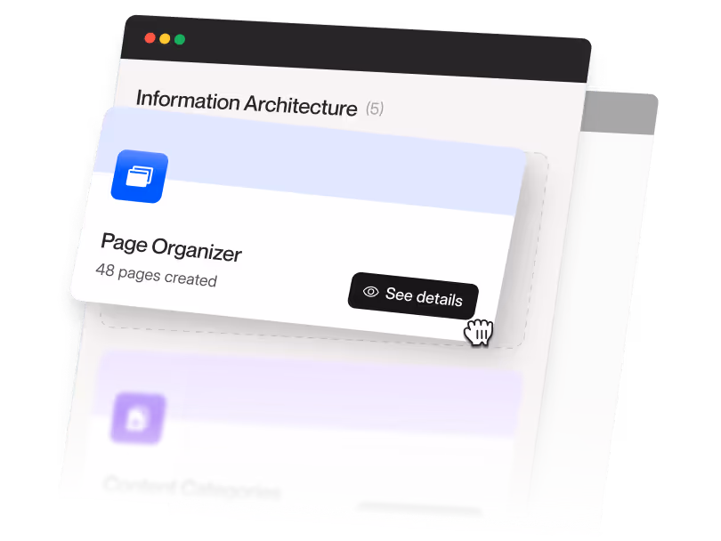 User interface window titled 'Information Architecture' showing a card for 'Page Organizer' with 48 pages created and a clickable 'See details' button.