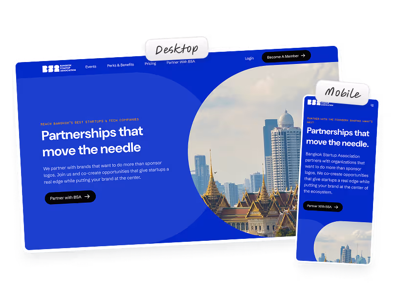 Desktop and mobile views of a website for Bangkok Startup Association highlighting partnerships that propel startups, with a cityscape and temple image.